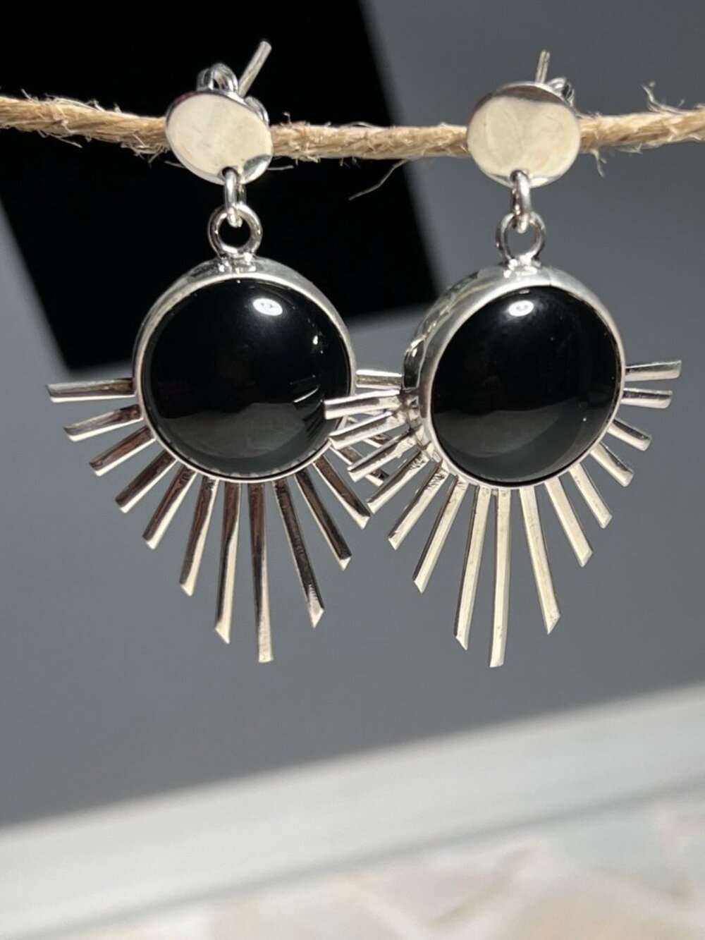Black Onyx Drop Earrings, 925 Sterling Silver, Post Back